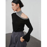 Gray Color-block Off Shoulder Knitting Sweater Turtleneck Long Sleeve Women Pullovers New Fashion Tide Autumn Winter