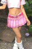 Japanese Y2k Pleated Skirt Women Pink Harajuku Kawaii Low Waist Embroidery A-line Mini Plaid Skirt Sexy Gyaru