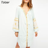 Elegant Women's Boho Dress O-Neck Single-Breasted Puff Sleeve Floral Embroidery Vintage Dresses Bohemian Beach