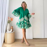 Summer New V-Neck Print Horn Sleeve Loose Short Dress