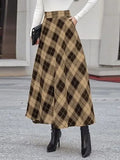 Autumn Lady High-Rise Thin Lattice A-Shaped Skirt Party Casual Loose Swing Umbrella