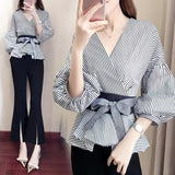 Sleeve Waistband Decorative Chiffon Shirt Casual Wide Leg Pants Two Piece Elegant Women's Pants Set Summer