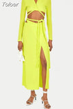 Fashion Women's 2 Pcs Set New V-neck Long Sleeve Bandage Tops And Lace Up Waist Mid-calf Skirt Female Summer 2023