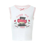 Cartoon Bear Crop Top 2000s Clothes Sweet Cute Lace Trim Tanks y2k Aesthetic T Shirt Women Sweats Grunge Fairy Core