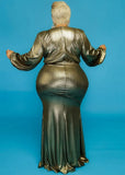 Plus Size Shiny V-neck Puff Sleeve Evening