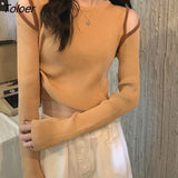 Designer Knitted Hollow Out Sweater Women 2023 Long Sleeved Short Pullover Woman Round Neck Elastic Cropped Tops