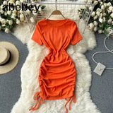 Drawstring Ruched Dress Women O Neck Short Sleeve Slim Dresses Summer Sexy Bodycon Party Short