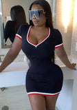 Causal V-neck Short Sleeves Contrast Knit Stripes Mini Bodycon
