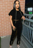 Sports Hooded Short Sleeves High Waist Solid Lace Up Two Piece Pants
