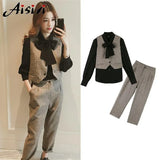 3 Pieces Set Women Pullover Long Sleeve Blouses Shirts Sleeveless vest Tops and Wide Leg Pants Suit Women's Sets