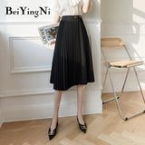 Fashion High Waist Midi Skirts Womans Solid Vintage Harajuku Casual Pleated Skirt Women Black Elegant OL Faldas