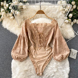 French Hollow Lace Rompers V Neck Long Sleeve Bodycon Jumpsuits Sexy Slim Fashion Streetwear Autumn Short