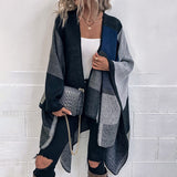 New Women's Winter Thicken Ponchos and Capes Plaid Color Block Blanket Wrap Cape Women Open Front Shawl Knitted