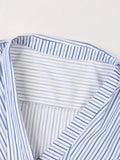Fashion Women's Shirt V-neck Loose Single Breasted Lace Up Waist Blue Striped Irregular Blouse Summer 2023 New Tide