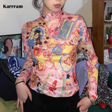 Y2k Aesthetics Mesh Tops Fairycore Graphic T Shirts See Through Kawaii Pink Crop Tops Korean Manga Print T-shirt E
