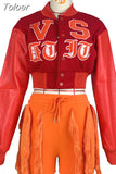 Student Cropped Baseball Bomber Coat Casual Single Breasted Long Sleeve Jackets Streetwear Oversize Letterman