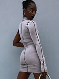 Print Lines Single Sleeve Turtleneck Bodycon