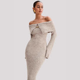 Women's Elegant Style Fashion Collared Shoulder Dress Knitted Long