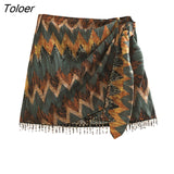 Women Vintage Geometric Print Knotted Mini Sarong Skirt Faldas Mujer Female Beading Tassel Casual Zipper Vestidos