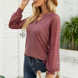 Casual Long Sleeve Women Tshirts V Neck Lace Mesh Long Sleeve Tops Female Vintage Clothes Loose Tees Shirts Blusas