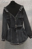Popular Autumn New Style Personalized Denim Splice Shirt Casual Wide Leg Trousers Two Piece Elegant Women's Pants