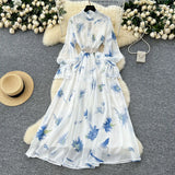 Elegant Dress Women 2025 New Fashion Set To Collect Waist Thin Temperament Print Chiffon Over-Capped