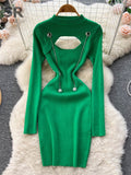 Hollow Out Sexy Sweater Dress Temperamant Fashion Chain Long Sleeve Slim Ladies Autumn Korean Elastic Knitted