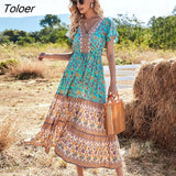 V-Neck Short Sleeve Summer Dress Floral Printed Bohemian Maxi Dresses Casual Beach Women Clothing 2023 Female