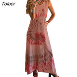 Summer Casual Women Maxi Dress Sexy Robe Women Casual O Neck Sleeveless Swirl Print Large Hem Beach Loose Long Dress