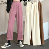 Korean Wide Leg Straight Pants Women 2023 High Waisted Warm Plush Trousers Woman Autumn Winter Loose Corduroy Pants