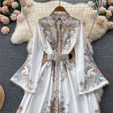 And Autumn Retro Collar Horn Sleeve Print Dress Women In Court Style Over The Long