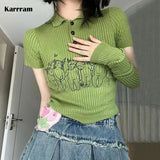 Fairycore Knit Pullover Y2k Aesthetics Harajuku Sweater Turn-down Collar Ribbed Jumpers Grunge 00s Slim Tops