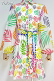 Print Mini Dresses Female Lapel Puff Long Sleeve Single Breasted Patchwork Lace Up Slim Dress For Women Fashion Casual