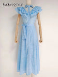 Cut Out Lace Up Dress For Women Bowknot Collar Sleeveless High Waist Solid Midi Dresses Female Summer Clothing
