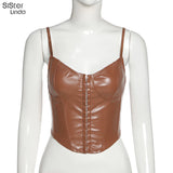 Sisterlinda Sexy Punk Y2K Black PU Leather Crop Top Womens Sleeveless Deep V Neck Backless Camisole Fashion Party Club