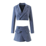 Sexy Cropped Blazer+Skirt Two peice set Women Corduroy Blazer High Waist Irregular Cross Slit Mini Skirt Long Sleeve