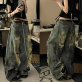 Wasteland Wind Splash Ink Ripped Jeans Women Summer New Water-Washing Straight Tube Trousers