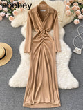Mermaid Dress For Women Korean Fashion V Neck Ruched Slim Dresses 2022 Spring New Streetwear Knitted