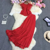 New Spring Autumn Fashion O-neck short sleeve lace patchwork Shirt Top + high waist mid-length pleated Skirt two-piece