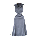 A Small-Sized Lap Collar Zipper Sleeveless Dress Women Decorate The Body Thin Leisure Medium Long Over-膝 Knit
