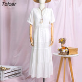 Button V-Neck Short Sleeve Summer Dress Women Chic Patchwork Lace Cotton Elegant Long Maxi Dresses Boho Beach
