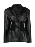 Fashion Women's Blazer Notched Collar PU Patchwork Knitted Super Waist Silhouette Suit Jackets Spring 2023 New