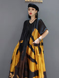 Print Dress For Women O Neck Short Sleeve Pockets Straight Loose Vintage Dresses Female 2023 Summer Fashion