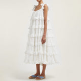Elegant Patchwork Ruffles White Dress For Women Off Shoulder Sleeveless Oversized Dresses Female Fashion Clothes