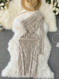 Sexy Sequins Irregular Party Bodycon Dress Women Spring Autumn Long Sleeve Half Open Collar One Shoulder Vestidos Female