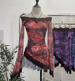 Leopard Print Lace Spliced Double-Layer Mesh Shoulder Irregular Loudspeaker Top
