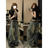 Wasteland Wind Splash Ink Ripped Jeans Women Summer New Water-Washing Straight Tube Trousers
