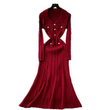 Fragrant Elegant Collar Long Sleeve Metal Buckle Waist Knitted Dress Autumn Thin Long