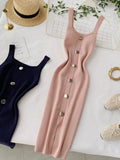2020 Summer Pink/Red/White/Black Women Knitted Dress Vintage High Waist Button Single-breasted Slim Casual Dress For Female
