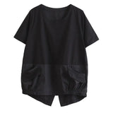 Women Black Big Size Irregular Spliced Pockets T-shirt New Round Neck Short Sleeve Fashion Tide Spring Summer 2023